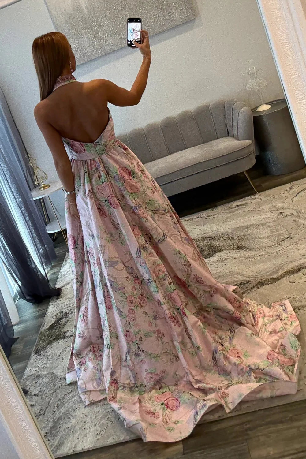 Romantic Pink Floral Halter Neck Prom Dress With Deep V Neck And Slit AD509