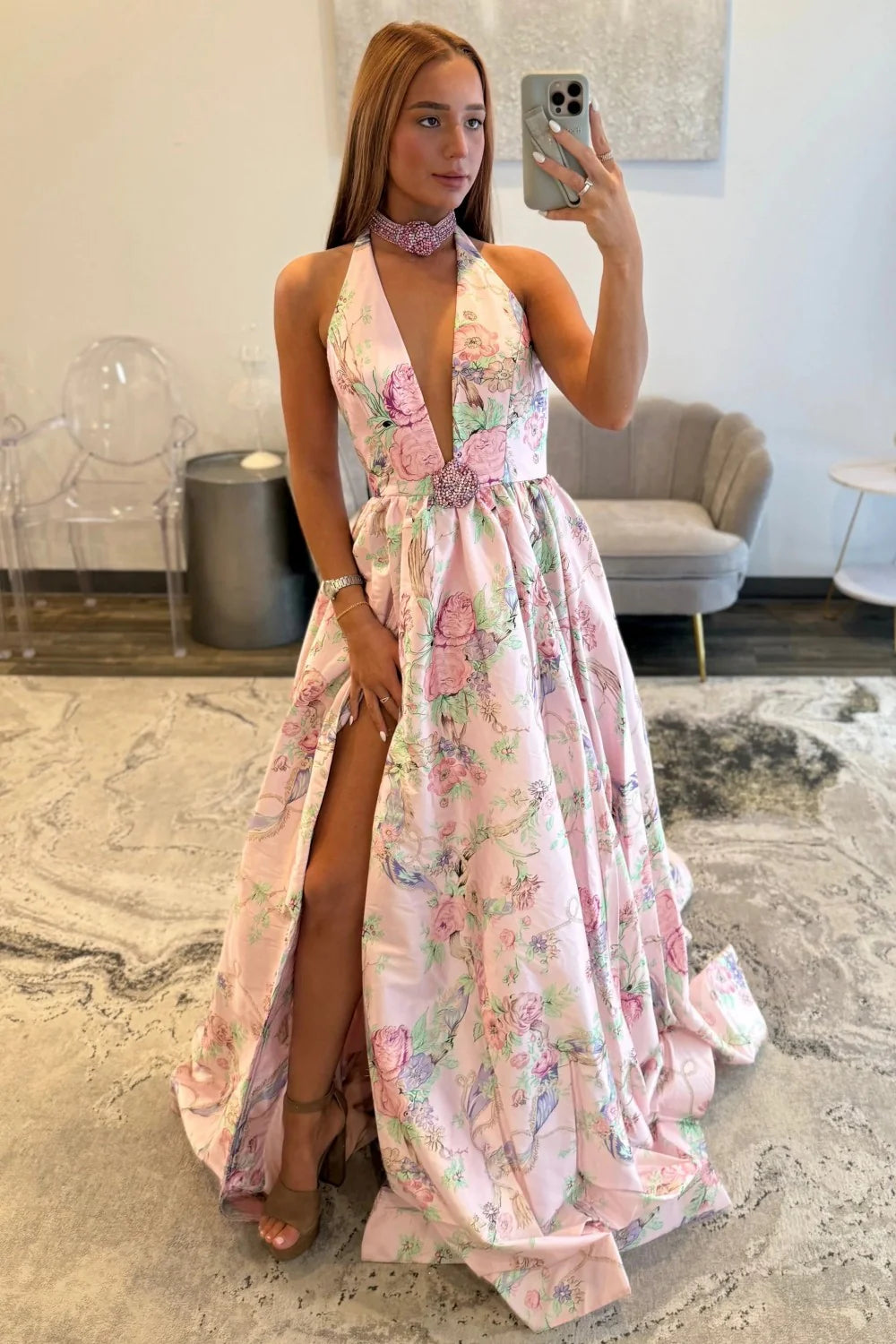 Romantic Pink Floral Halter Neck Prom Dress With Deep V Neck And Slit AD509