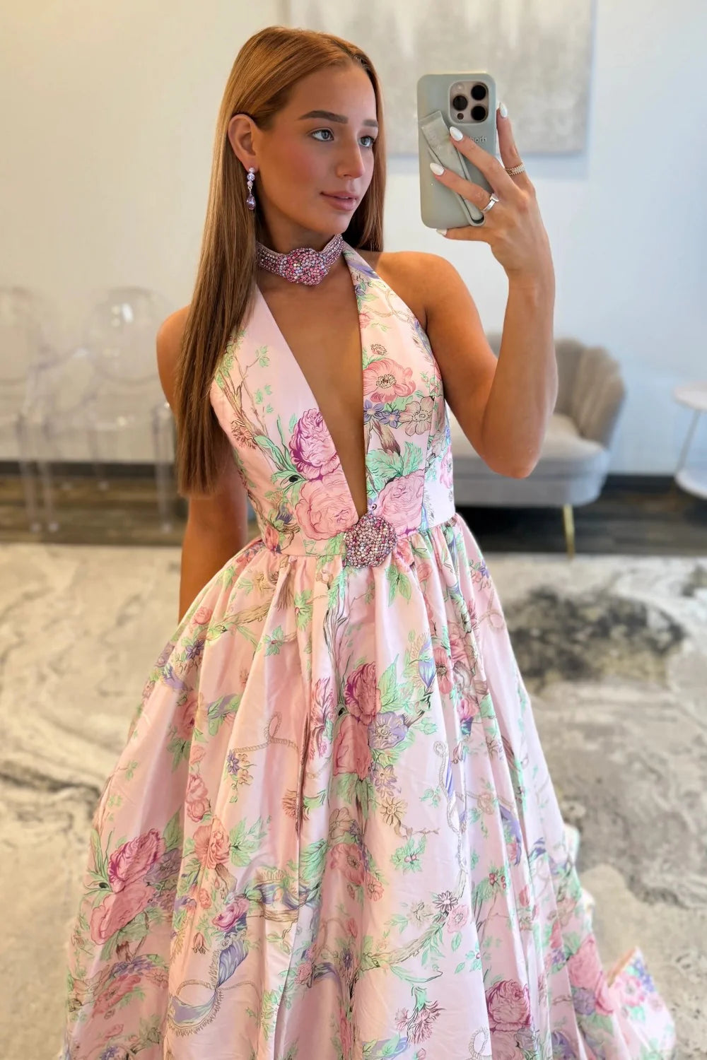 Romantic Pink Floral Halter Neck Prom Dress With Deep V Neck And Slit AD509