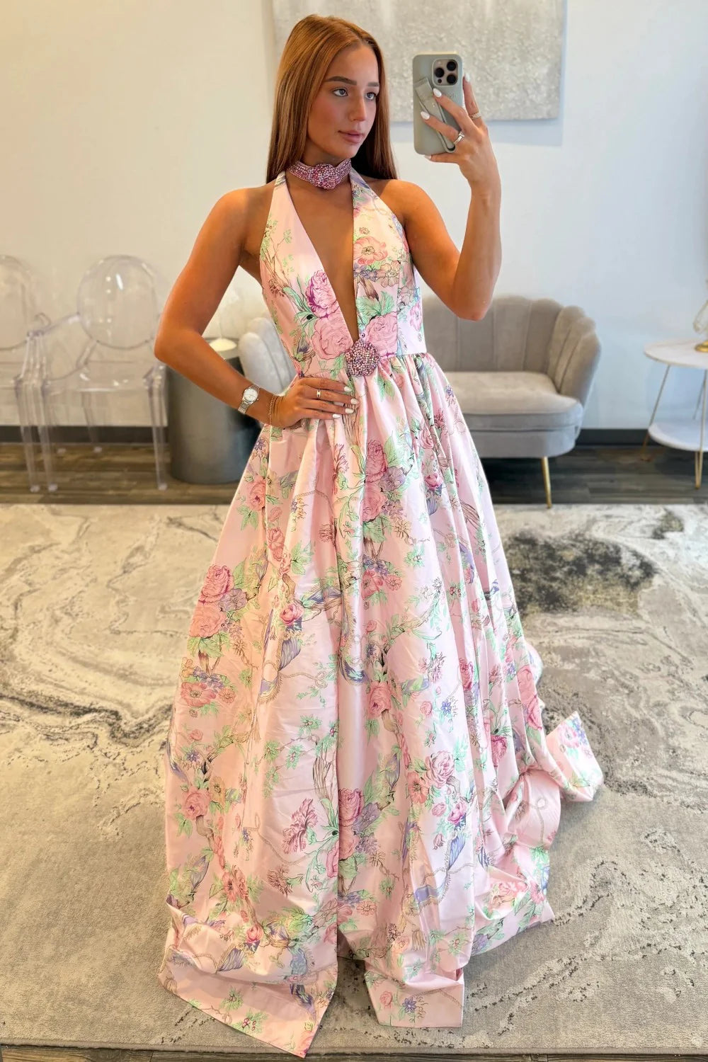 Romantic Pink Floral Halter Neck Prom Dress With Deep V Neck And Slit AD509