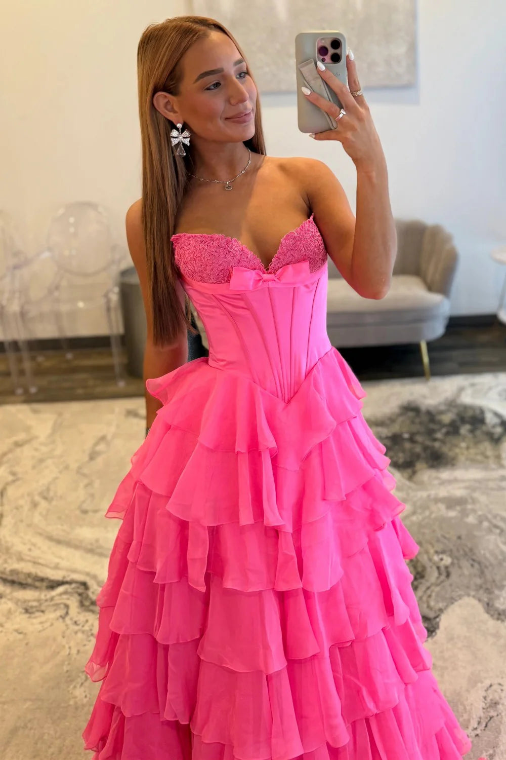 Chic Hot Pink Sweetheart A-Line Prom Gown With Tiered Ruffles And Corset Bodice AD510