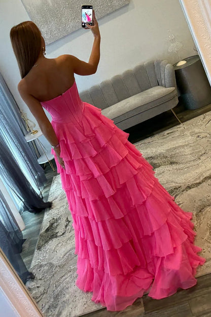 Chic Hot Pink Sweetheart A-Line Prom Gown With Tiered Ruffles And Corset Bodice AD510