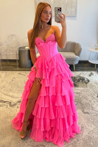 Chic Hot Pink Sweetheart A-Line Prom Gown With Tiered Ruffles And Corset Bodice AD510