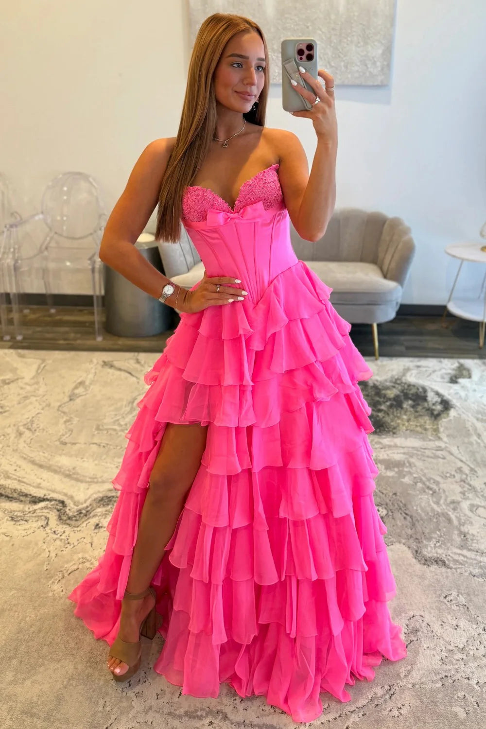 Chic Hot Pink Sweetheart A-Line Prom Gown With Tiered Ruffles And Corset Bodice AD510