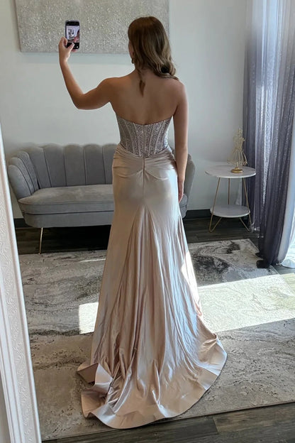 Glamorous Champagne Sweetheart Beaded Top Satin Prom Dress With High Slit AD511
