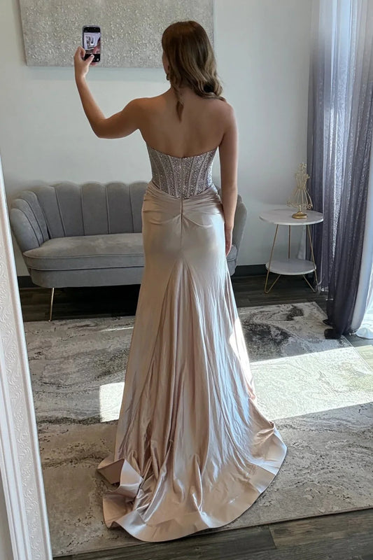 Glamorous Champagne Sweetheart Beaded Top Satin Prom Dress With High Slit AD511