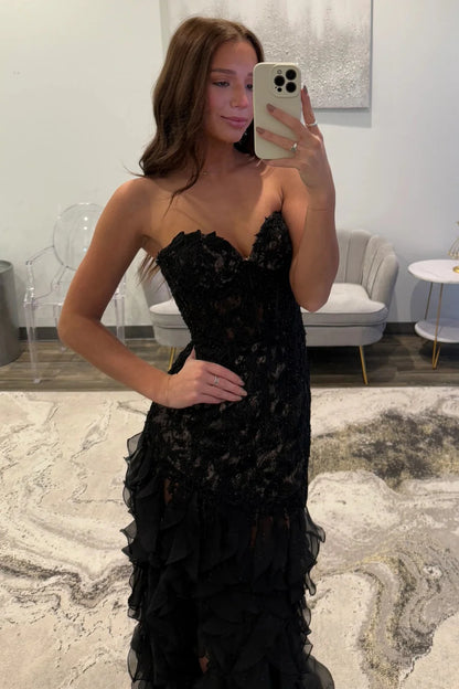 Elegant Black Sweetheart Mermaid Lace Prom Dress With Ruffle Skirt AD512