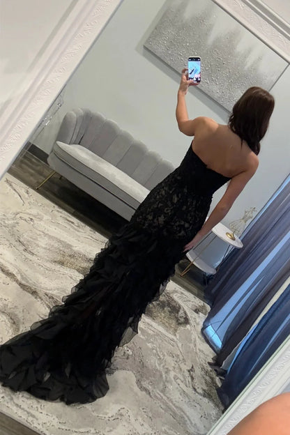 Elegant Black Sweetheart Mermaid Lace Prom Dress With Ruffle Skirt AD512