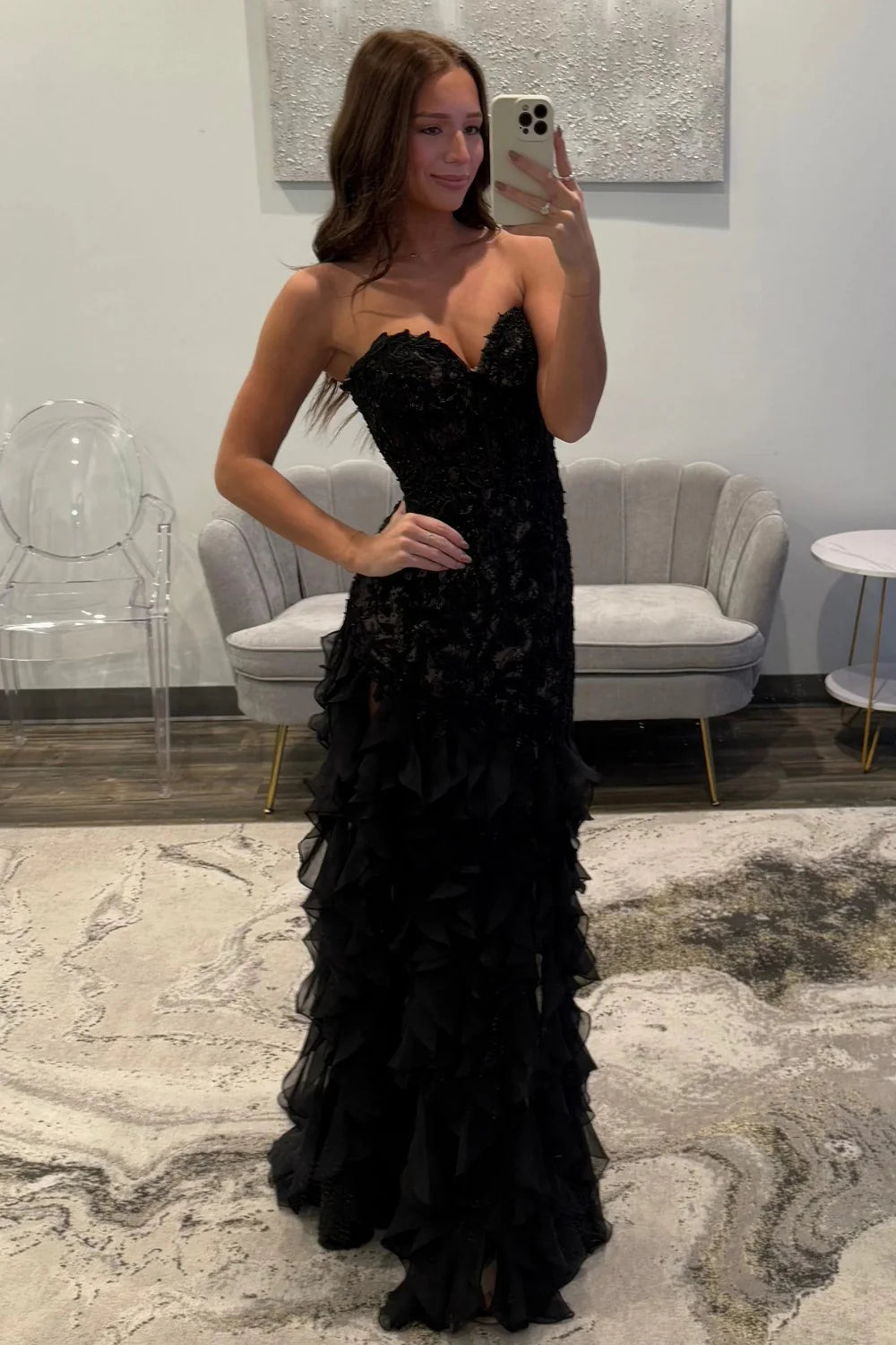 Elegant Black Sweetheart Mermaid Lace Prom Dress With Ruffle Skirt AD512