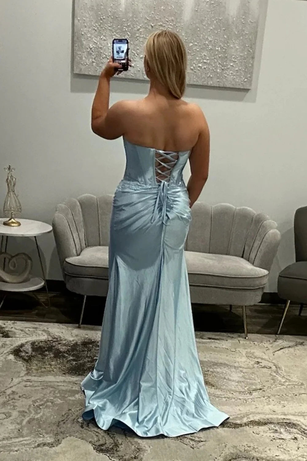 Elegant Black Lace Bodice Sweetheart Lace Up Prom Evening Gown With Slit AD513