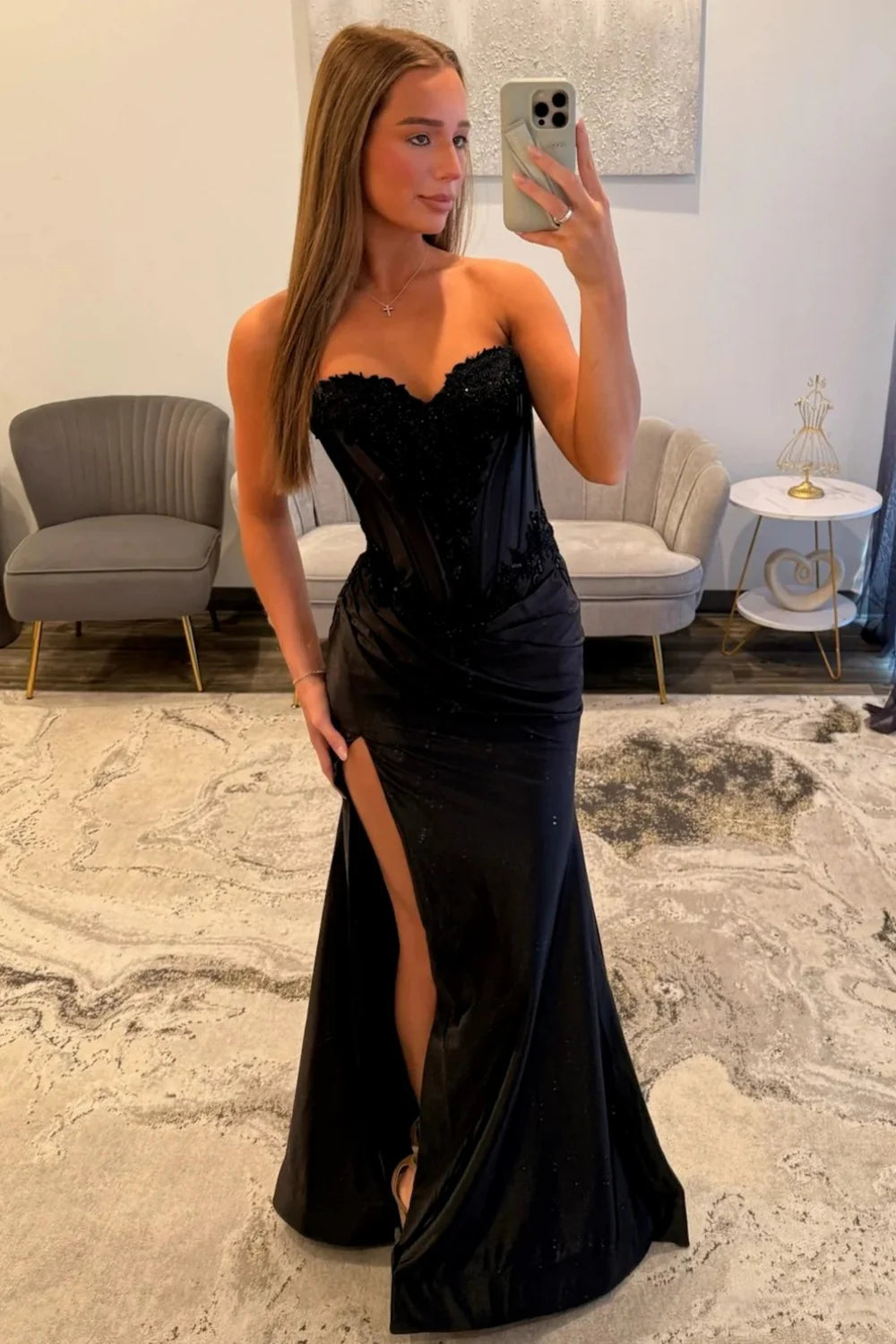 Elegant Black Lace Bodice Sweetheart Lace Up Prom Evening Gown With Slit AD513