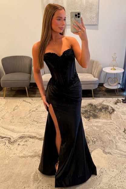 Elegant Black Lace Bodice Sweetheart Lace Up Prom Evening Gown With Slit AD513