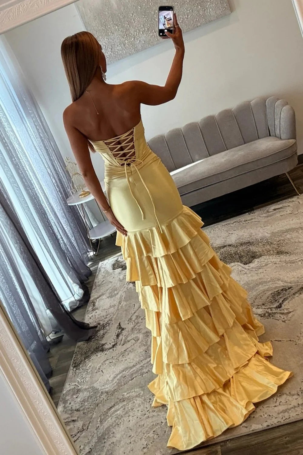 Sweetheart Yellow Lace Up Ruffled High-Slit Satin Mermaid Prom Dress AD514