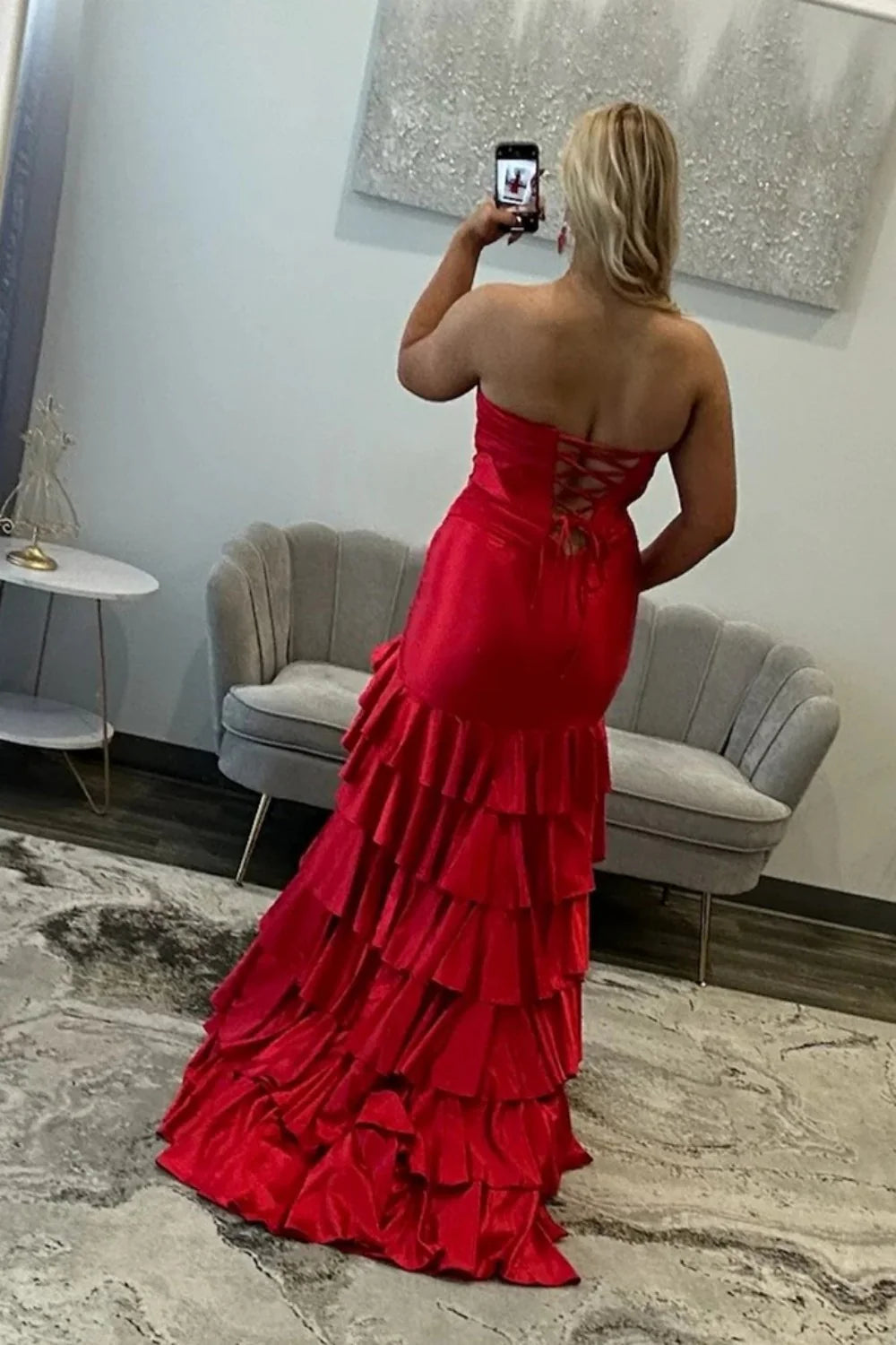 Sweetheart Yellow Lace Up Ruffled High-Slit Satin Mermaid Prom Dress AD514