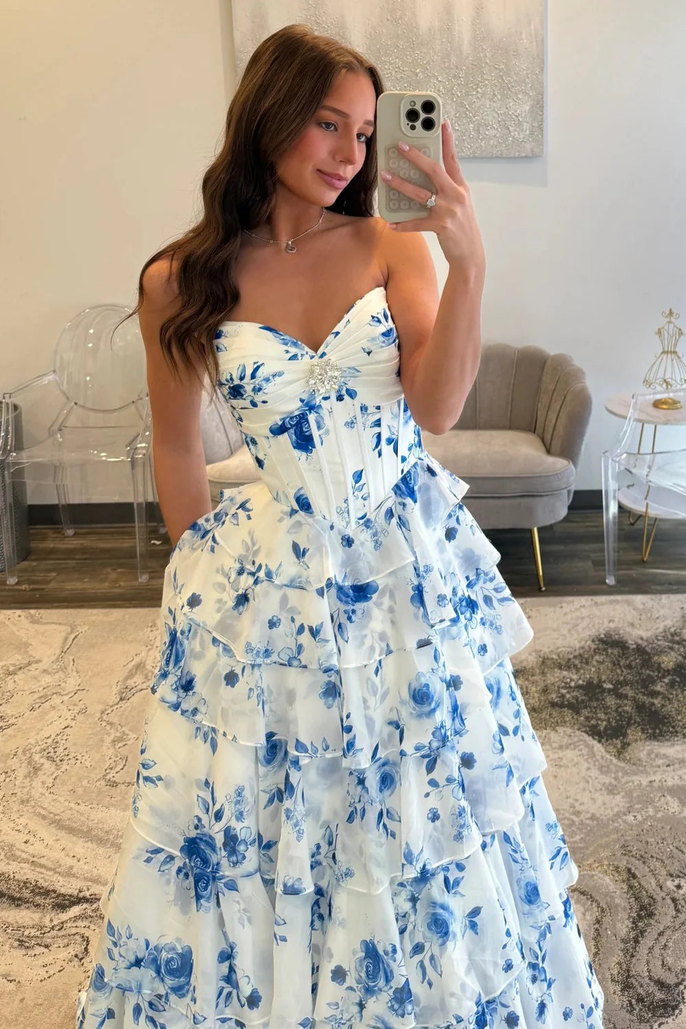 Elegant Blue Floral Sweetheart Tiered Prom Dress With Corset Bodice AD515