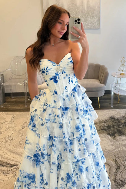 Elegant Blue Floral Sweetheart Tiered Prom Dress With Corset Bodice AD515