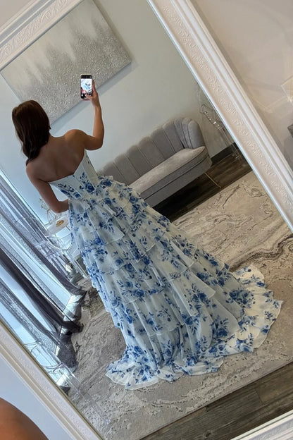 Elegant Blue Floral Sweetheart Tiered Prom Dress With Corset Bodice AD515
