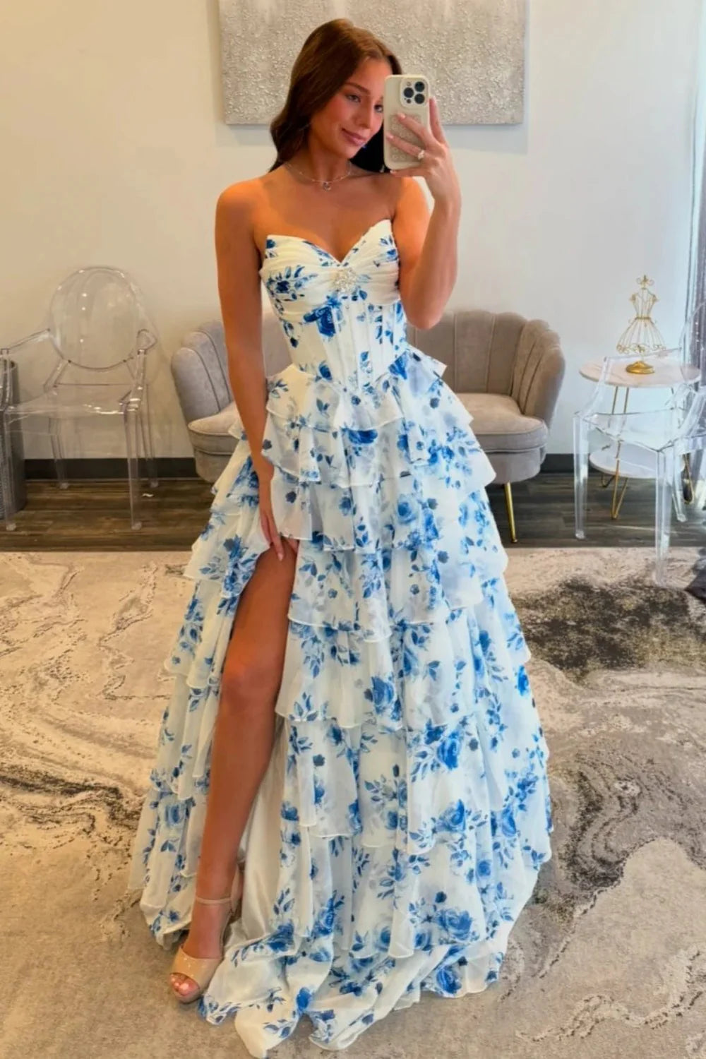 Elegant Blue Floral Sweetheart Tiered Prom Dress With Corset Bodice AD515