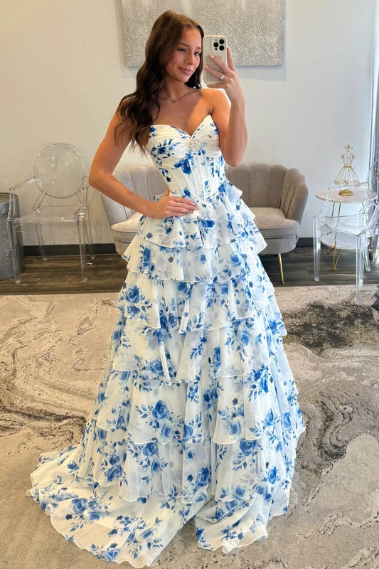 Elegant Blue Floral Sweetheart Tiered Prom Dress With Corset Bodice AD515