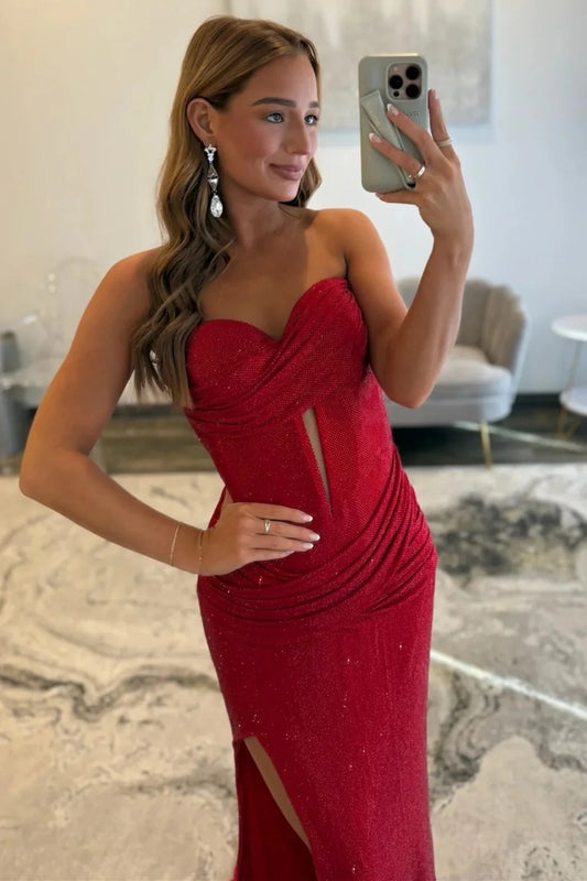 Glamorous Red Sweetheart Glitter Corset Bodice Mermaid Prom Dress With Keyhole Cutout & Slit AD516