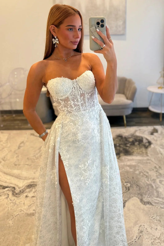 Hot Sale Elegant Mermaid Strapless White Floral Lace Glitter Tulle  Prom Dress AD517