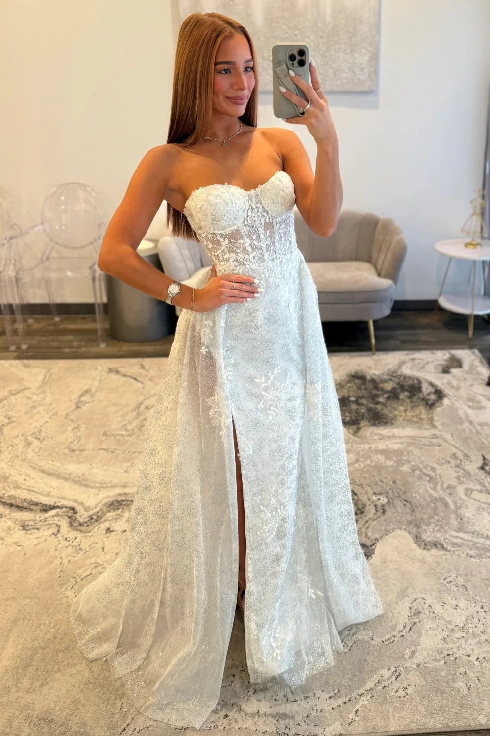 Hot Sale Elegant Mermaid Strapless White Floral Lace Glitter Tulle  Prom Dress AD517
