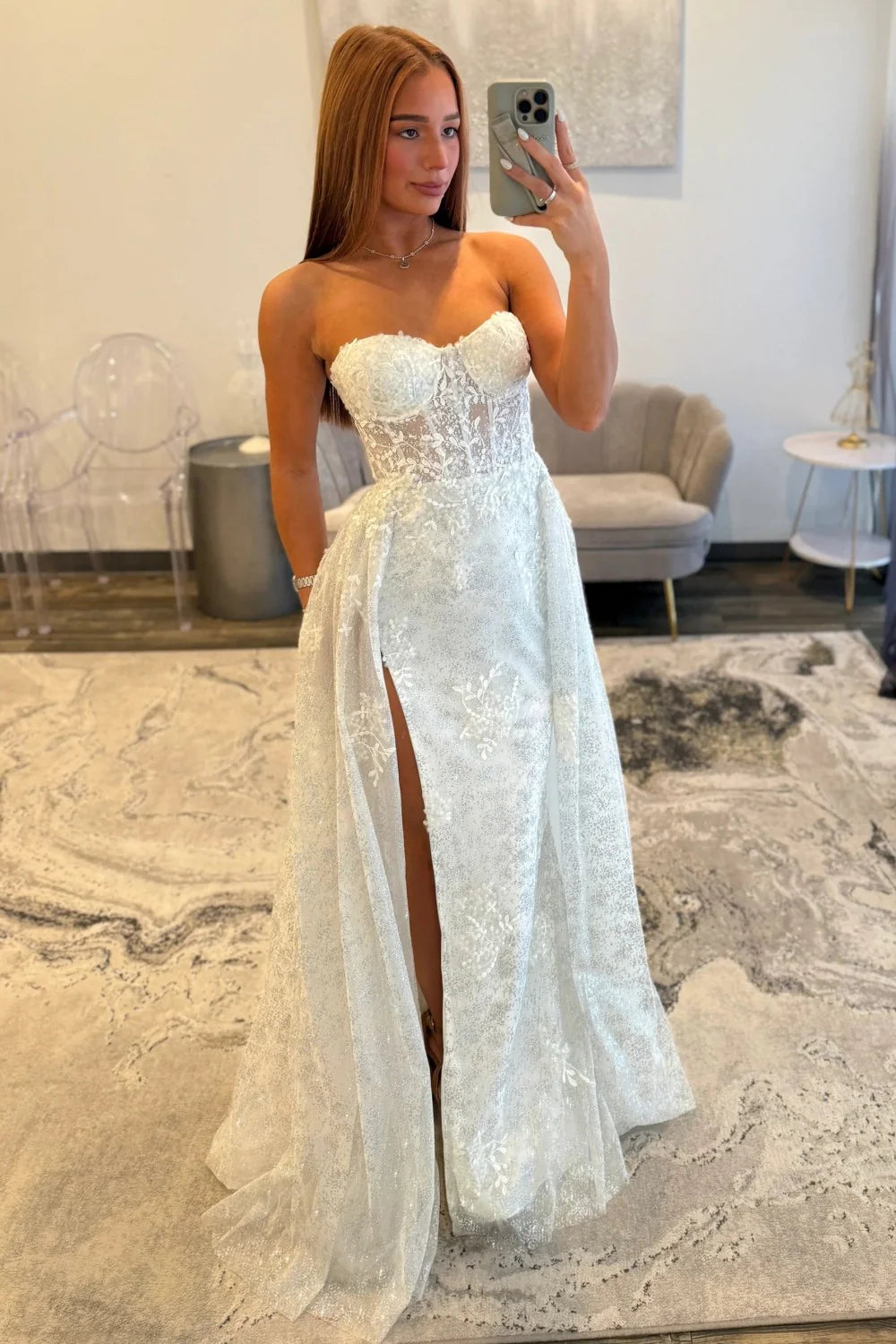 Hot Sale Elegant Mermaid Strapless White Floral Lace Glitter Tulle  Prom Dress AD517