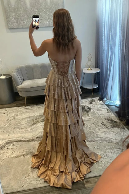 Trendy Sparkly Champagne Corset Beaded Prom Dress With Tiered Ruffles And Front Slit AD518