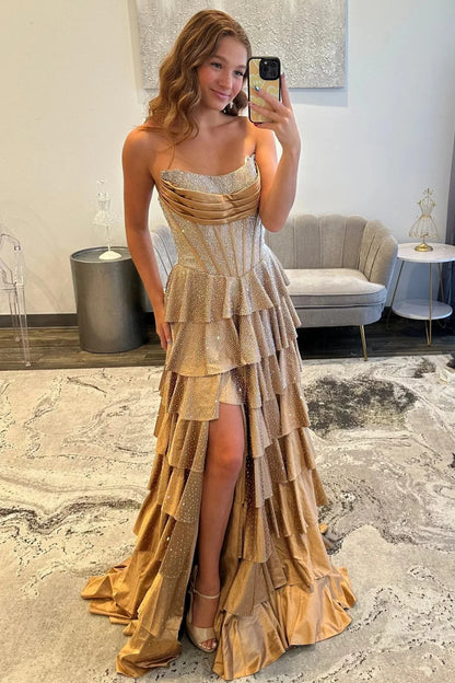 Trendy Sparkly Champagne Corset Beaded Prom Dress With Tiered Ruffles And Front Slit AD518