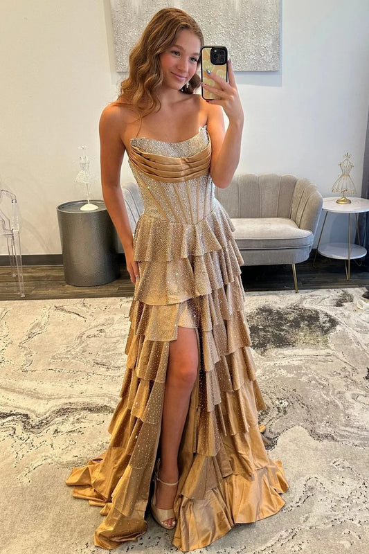 Trendy Sparkly Champagne Corset Beaded Prom Dress With Tiered Ruffles And Front Slit AD518