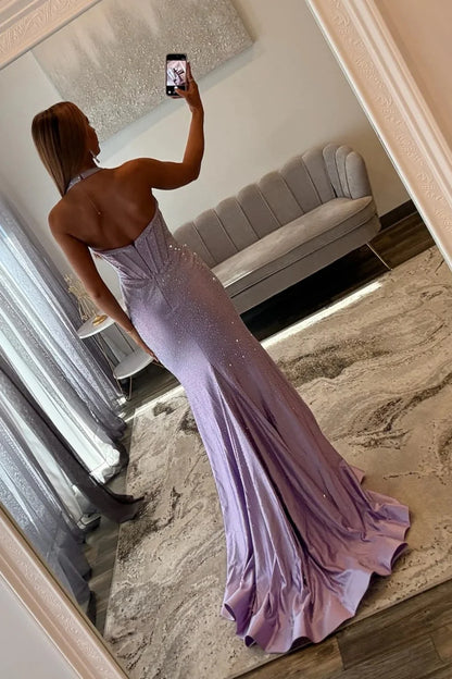 Sparkly Lavender Halter Neck Corset Beaded Mermaid Prom Dress With High Slit AD519