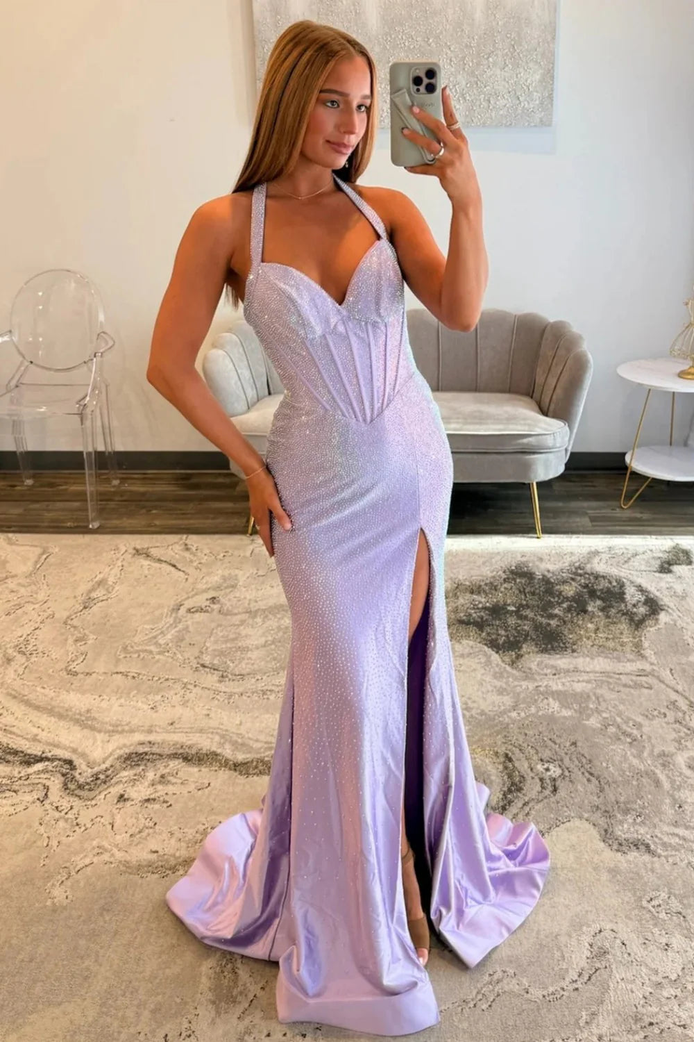 Sparkly Lavender Halter Neck Corset Beaded Mermaid Prom Dress With High Slit AD519