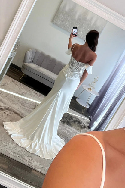 Elegant White Lace Off The Shoulder Prom Dress With Corset Bodice And High Slit AD520
