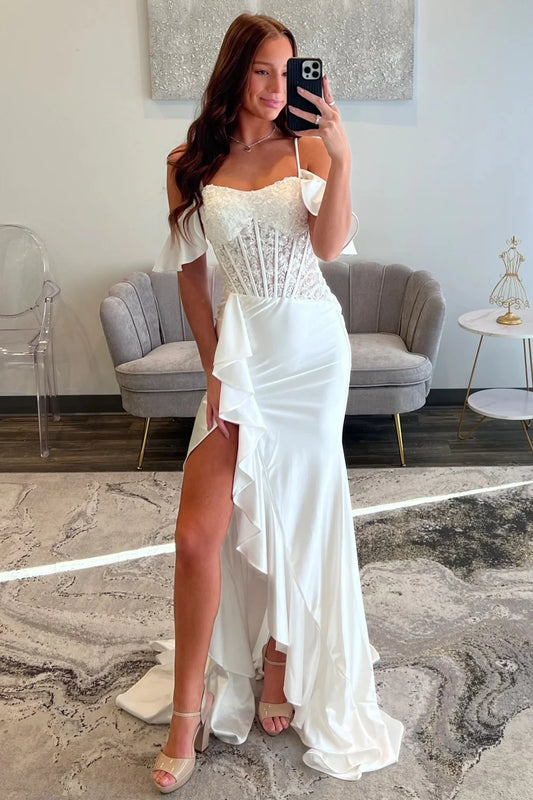 Elegant White Lace Off The Shoulder Prom Dress With Corset Bodice And High Slit AD520