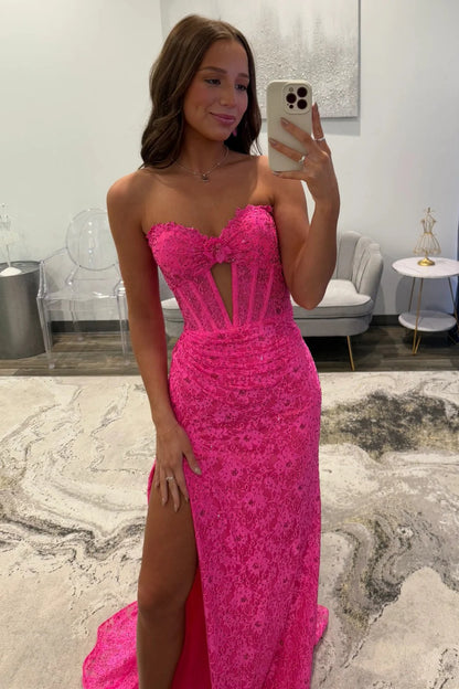 Hot Pink Sweetheart Lace Mermaid Prom Dress With Corset Bodice And Slit AD521