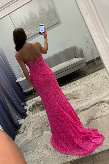 Hot Pink Sweetheart Lace Mermaid Prom Dress With Corset Bodice And Slit AD521