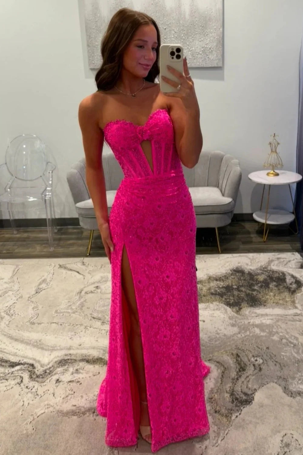 Hot Pink Sweetheart Lace Mermaid Prom Dress With Corset Bodice And Slit AD521