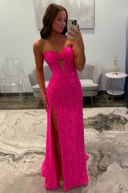 Hot Pink Sweetheart Lace Mermaid Prom Dress With Corset Bodice And Slit AD521
