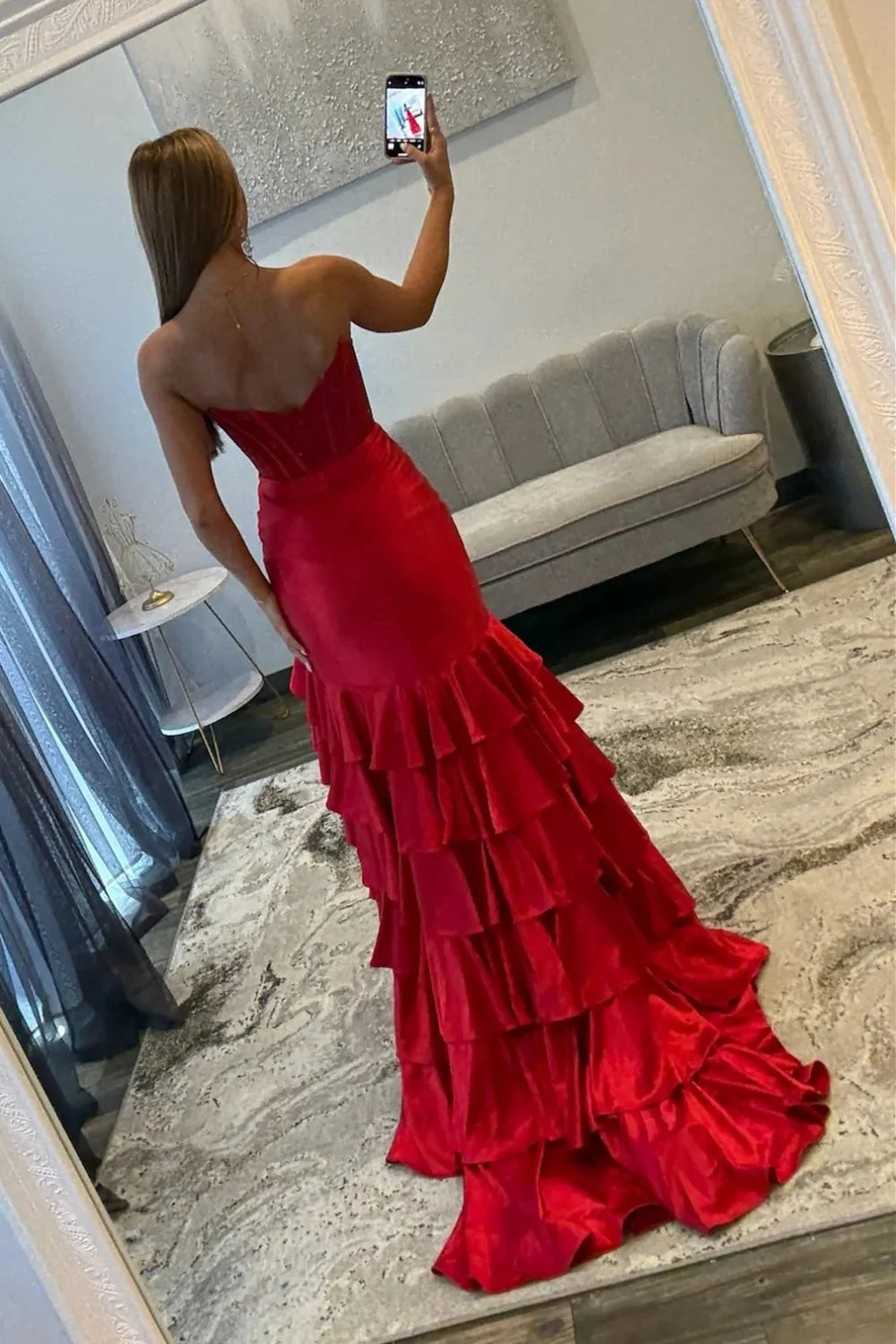 Strapless Red Prom Dress With Beaded Corset Bodice And Tiered Ruffle Skirt AD522