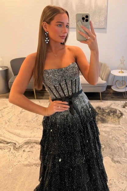 Luxury Strapless Black Beaded Prom Dress With Corset Bodice And Bow Waist AD523
