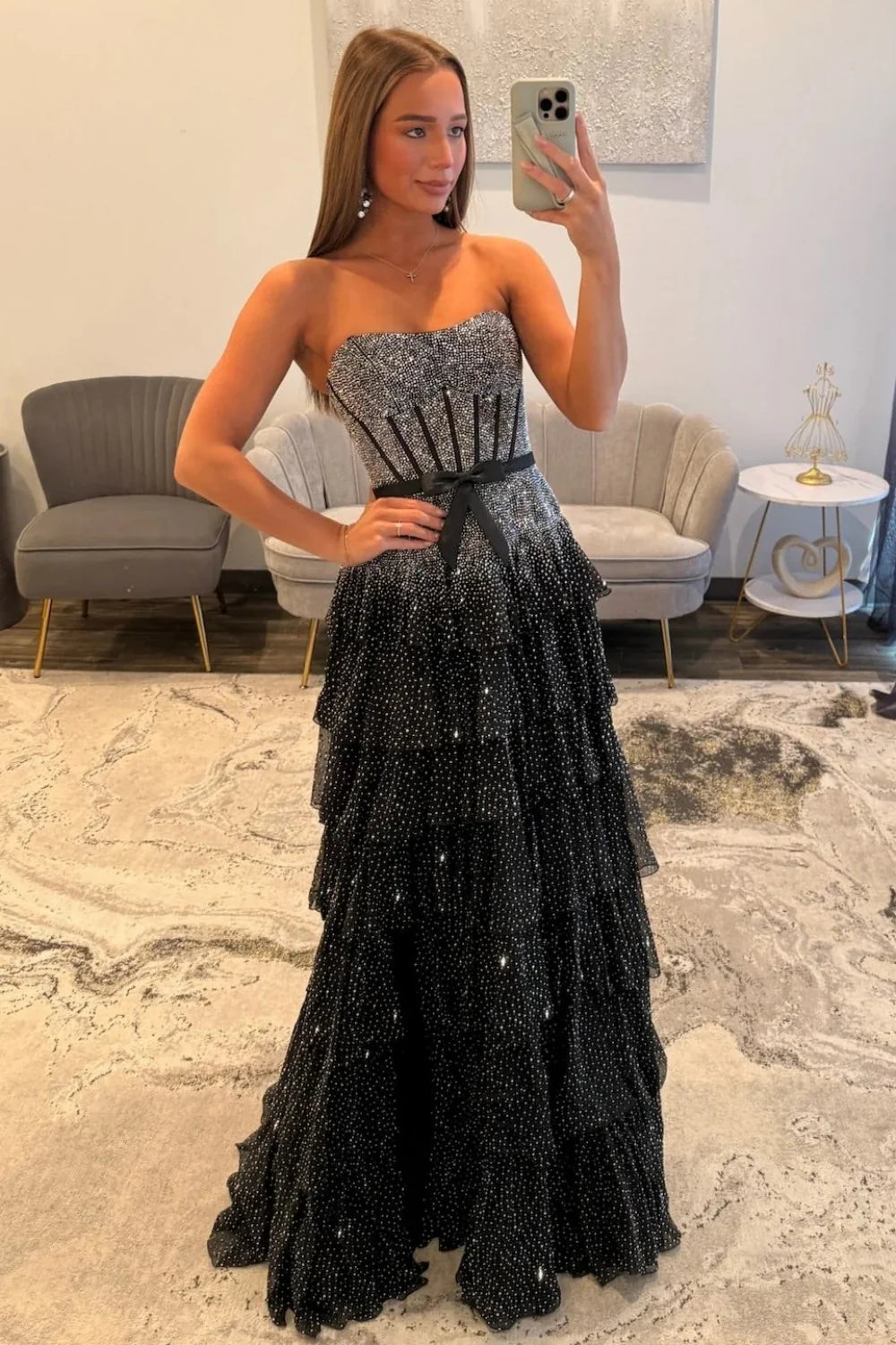 Luxury Strapless Black Beaded Prom Dress With Corset Bodice And Bow Waist AD523
