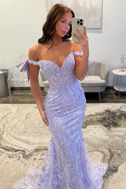 Glitter Lavender Off-the-Shoulder Mermaid Prom Dress With Sequined Lace AD524
