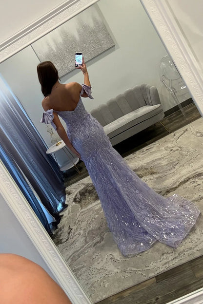 Glitter Lavender Off-the-Shoulder Mermaid Prom Dress With Sequined Lace AD524