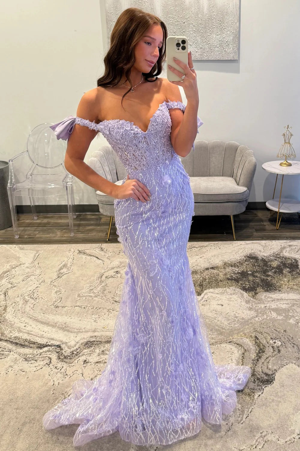 Glitter Lavender Off-the-Shoulder Mermaid Prom Dress With Sequined Lace AD524