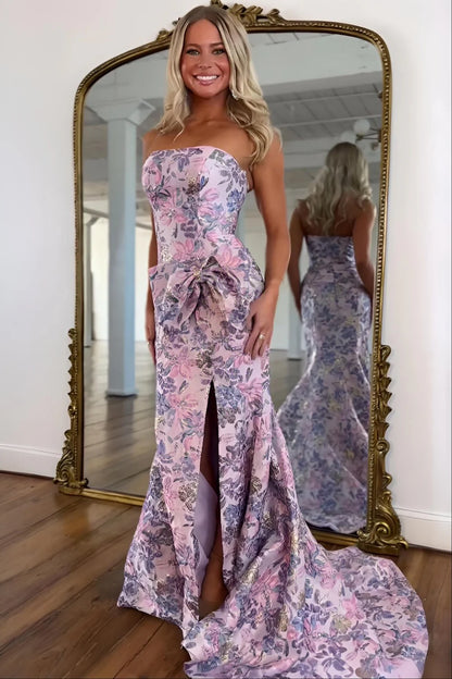 Stunning Pink Floral Strapless Mermaid Prom Dress With Bow Detail And Slit AD525