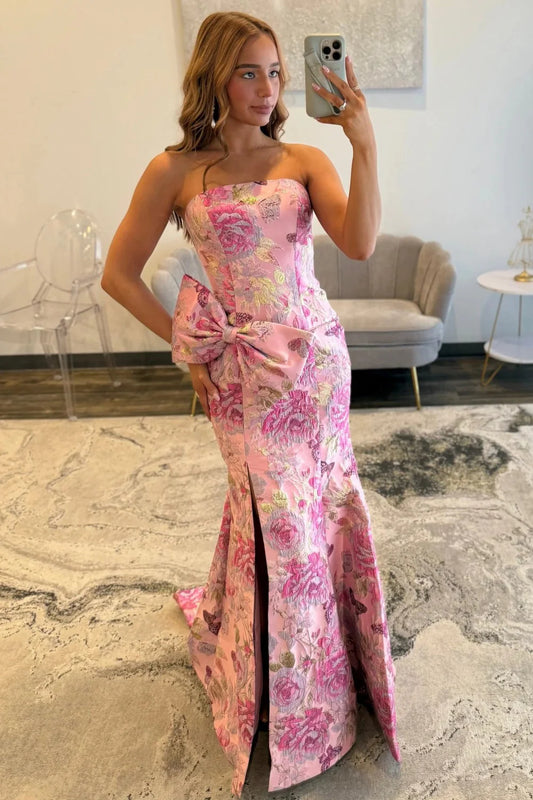 Stunning Pink Floral Strapless Mermaid Prom Dress With Bow Detail And Slit AD525