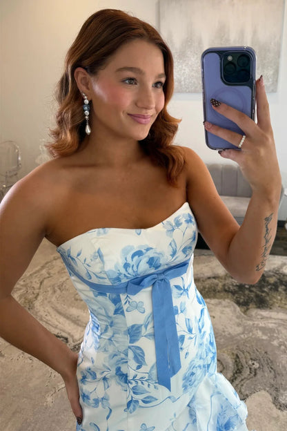 Romantic Blue Floral Corset Mermaid Prom Gwn With Layered Ruffle Hem AD526