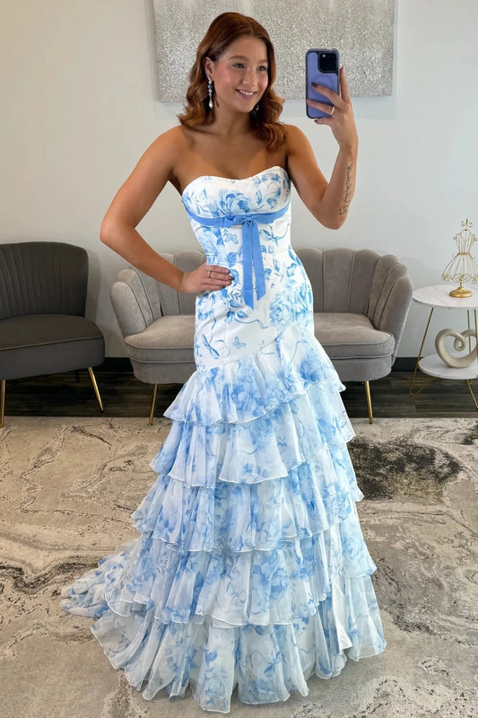 Romantic Blue Floral Corset Mermaid Prom Gwn With Layered Ruffle Hem AD526