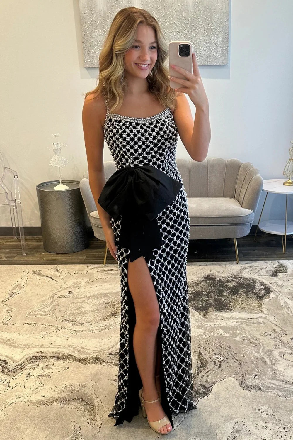 Luxury Black Pearls Spaghetti Straps Prom Dress With Statement Bow And High Slit AD527