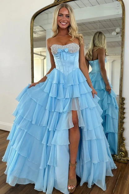 Elegant Yellow A-Line Tiered Ruffle Prom Dress With Sparkling Bodice AD529